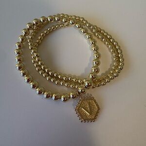 Gold-Tone Beaded Bracelet Set with Hexagon Initial Charm